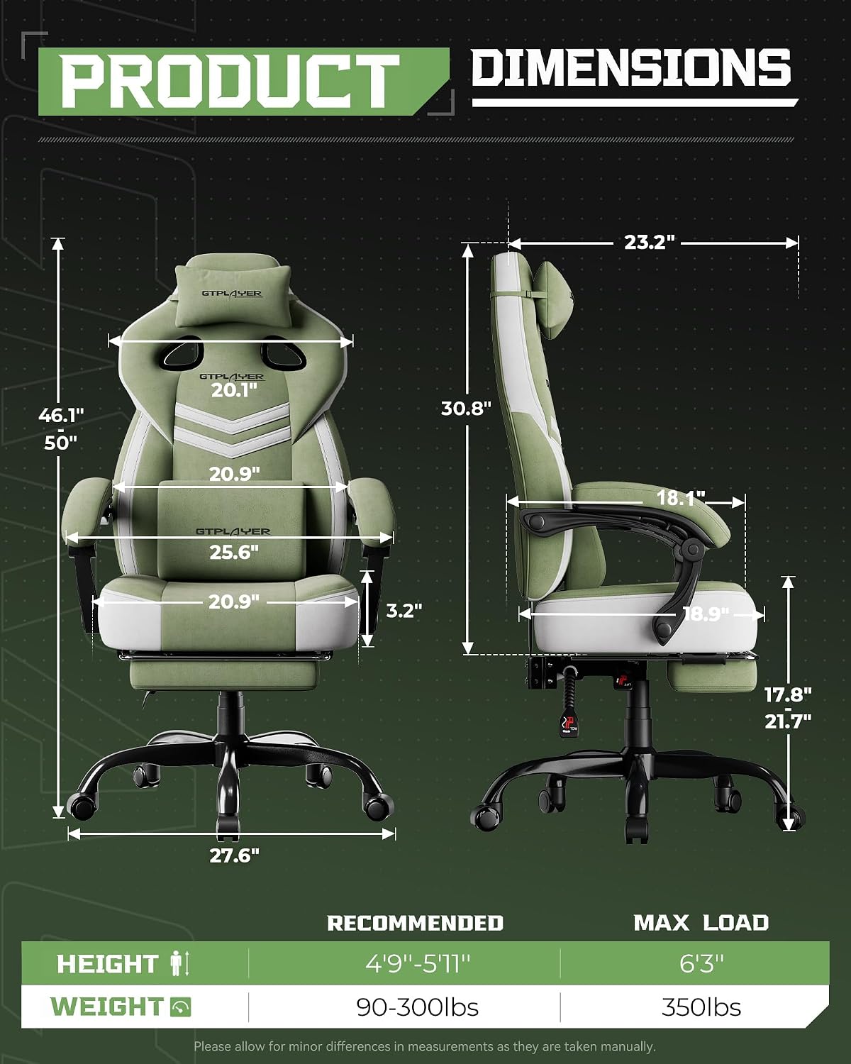 GTPLAYER Gaming Chairs for Adult - Ergonomic Big & Tall Gaming Seat with Footrest & Lumbar Support, Comfortable Office Chair 90-155° Reclining - Heavy Duty Wide Computer Seat, Sage Green