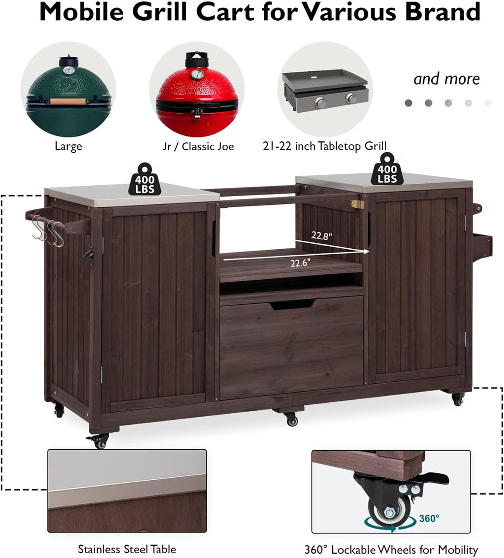 66.5' Outdoor Kitchen Island with Stainless Steel Top for Big Green Egg, Rolling Grill Cart with Adjustable Shelves, Lockable Wheels, Outdoor Table and Bar Storage Cabinet for Patio