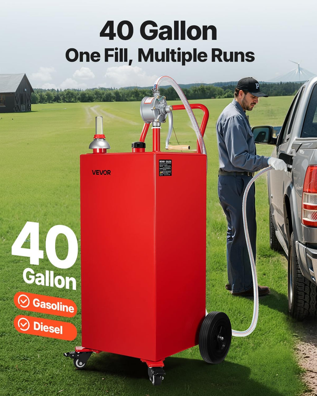 VEVOR 40 Gallon Gas Caddy, Diesel Tank with Manual Transfer Pump, Diesel Storage Tank with 4 Wheels & 10 ft Hose, Gas Container for Cars, Lawn Mowers, ATVs, Boats, More, Red