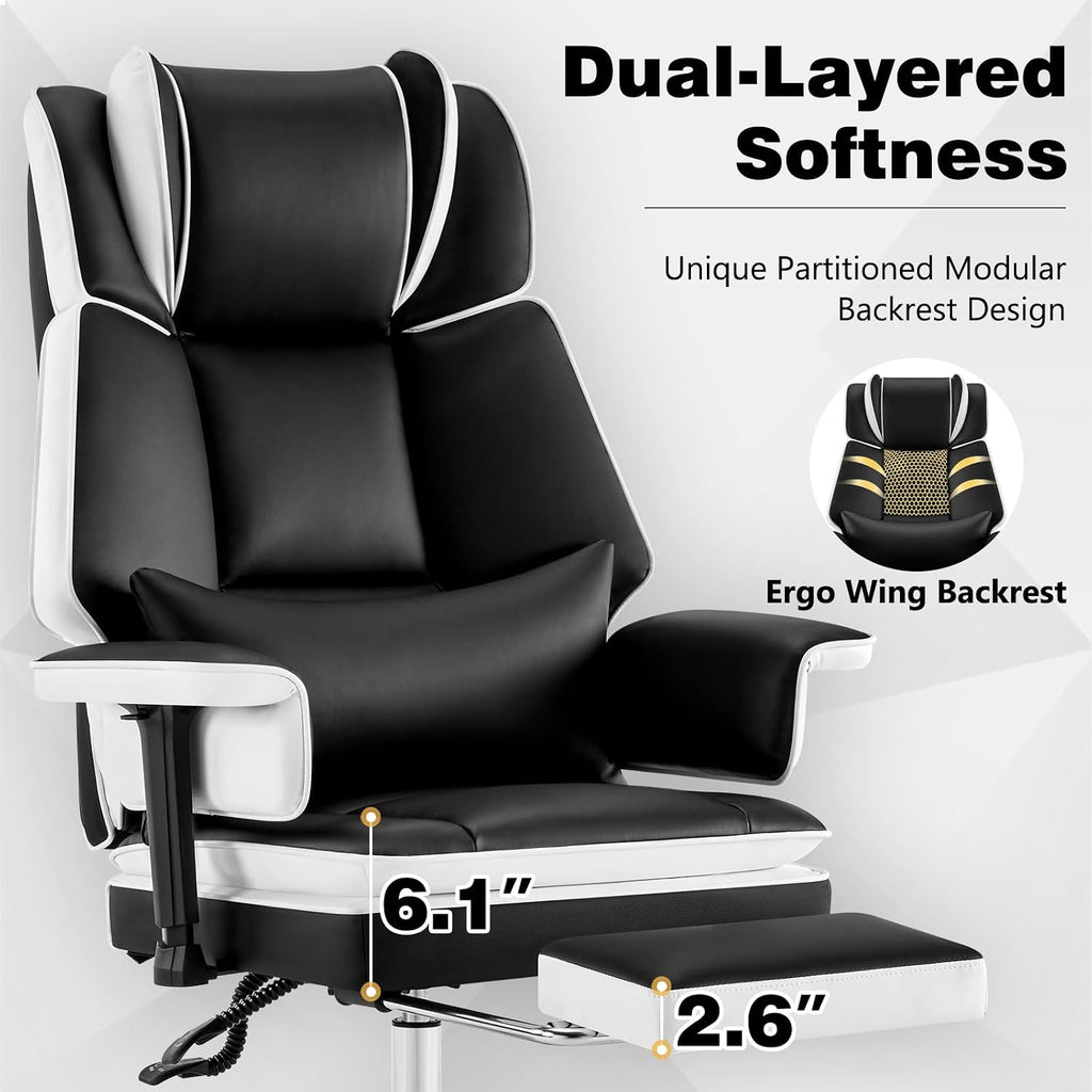 Heavy Duty Office Chair with Footrest High Back, PU Leather Office Chair with with Adjustable Lumbar Support, Reclining Computer Desk Chair with Adjustable Height, Adjustable Armrests, Black White