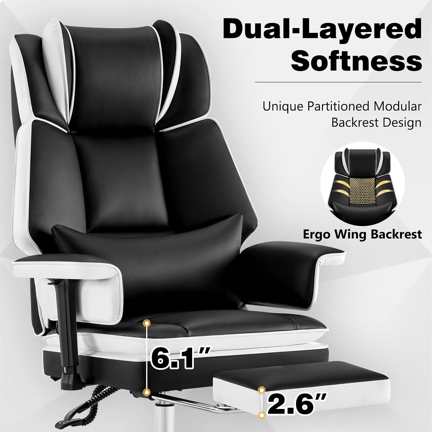 Heavy Duty Office Chair with Footrest High Back, PU Leather Office Chair with with Adjustable Lumbar Support, Reclining Computer Desk Chair with Adjustable Height, Adjustable Armrests, Black White