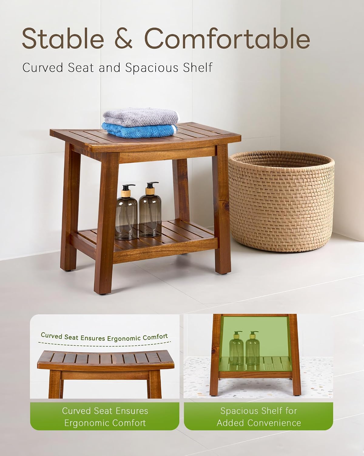 Upolana Outdoor Shower Bench, 20' Solid Acacia Wood Shower Stool Waterproof Shower Seat with Storage Shelf for Bathroom - SB001