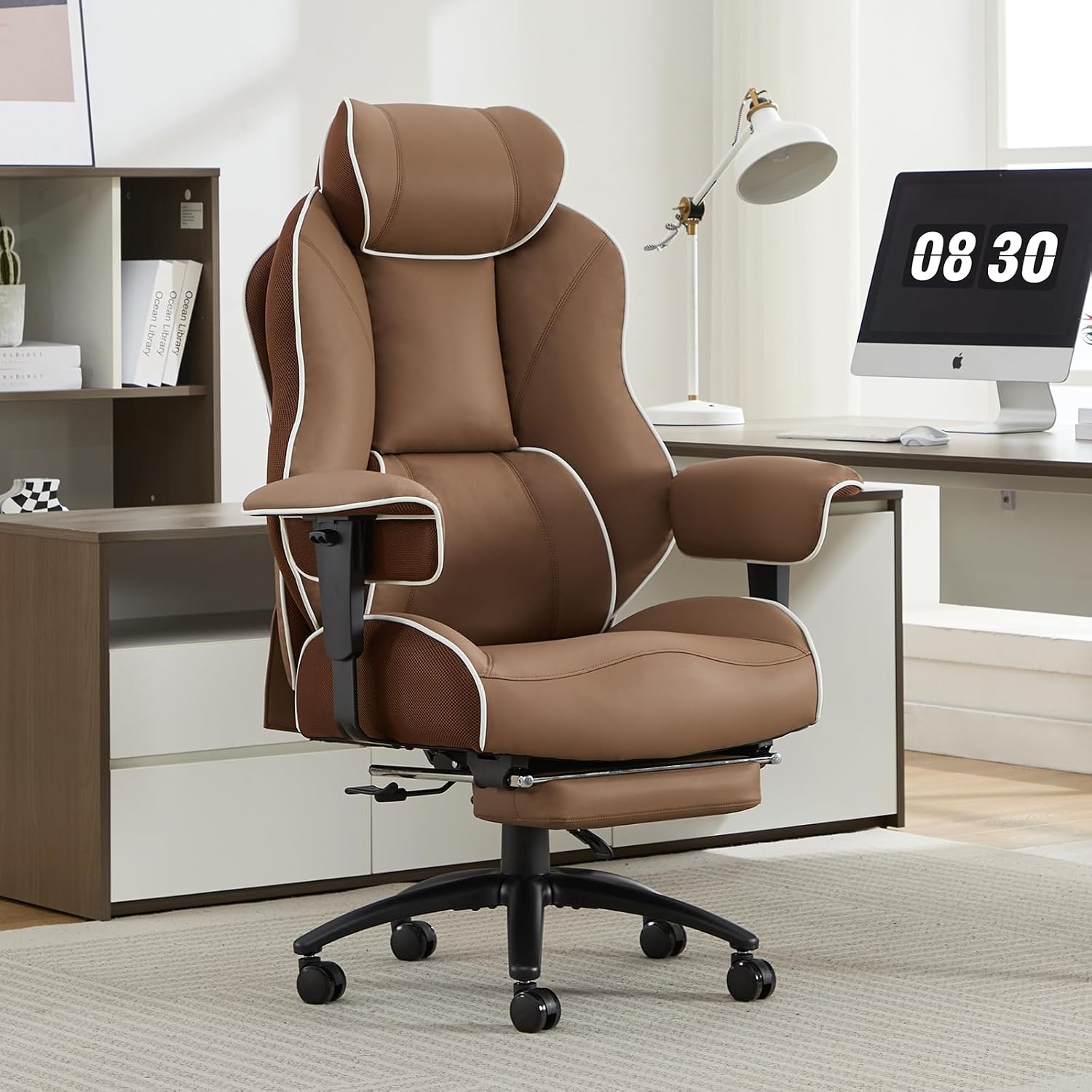 DJ·Wang Big and Tall Office Chair with Foot Rest, High Back Executive Office Chair PU Leather, Ergonomic Chairs with Lumbar Support, 135° Reclining Chairs with Thickened Spring Cushion Brown