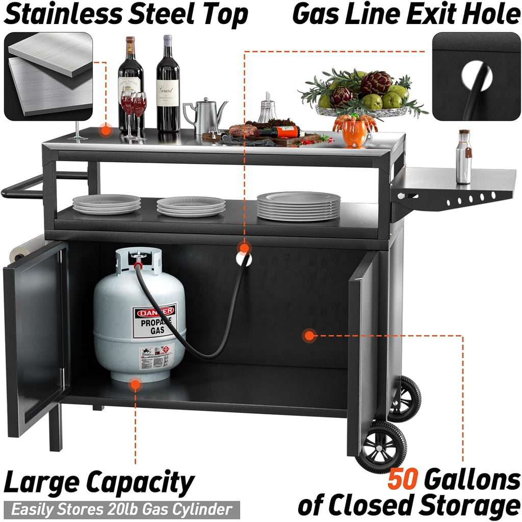 Outdoor Grill Table with Storage, Movable Outdoor Grill Cart, Stainless-Steel Tabletop Outdoor Kitchen Island, Patio Kitchen Island BBQ Cart with Wheels for Home BBQ Backyard Party