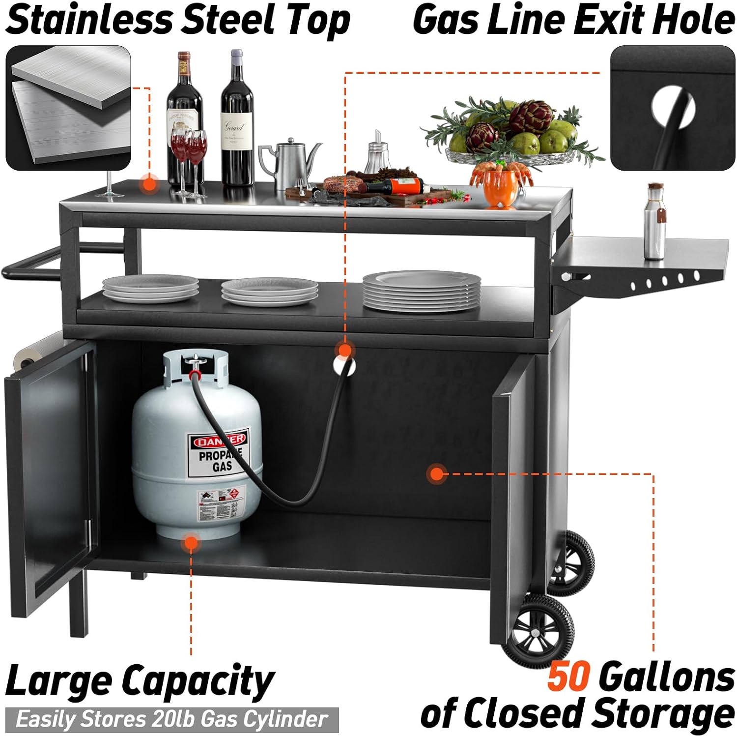 Outdoor Grill Table with Storage, Movable Outdoor Grill Cart, Stainless-Steel Tabletop Outdoor Kitchen Island, Patio Kitchen Island BBQ Cart with Wheels for Home BBQ Backyard Party