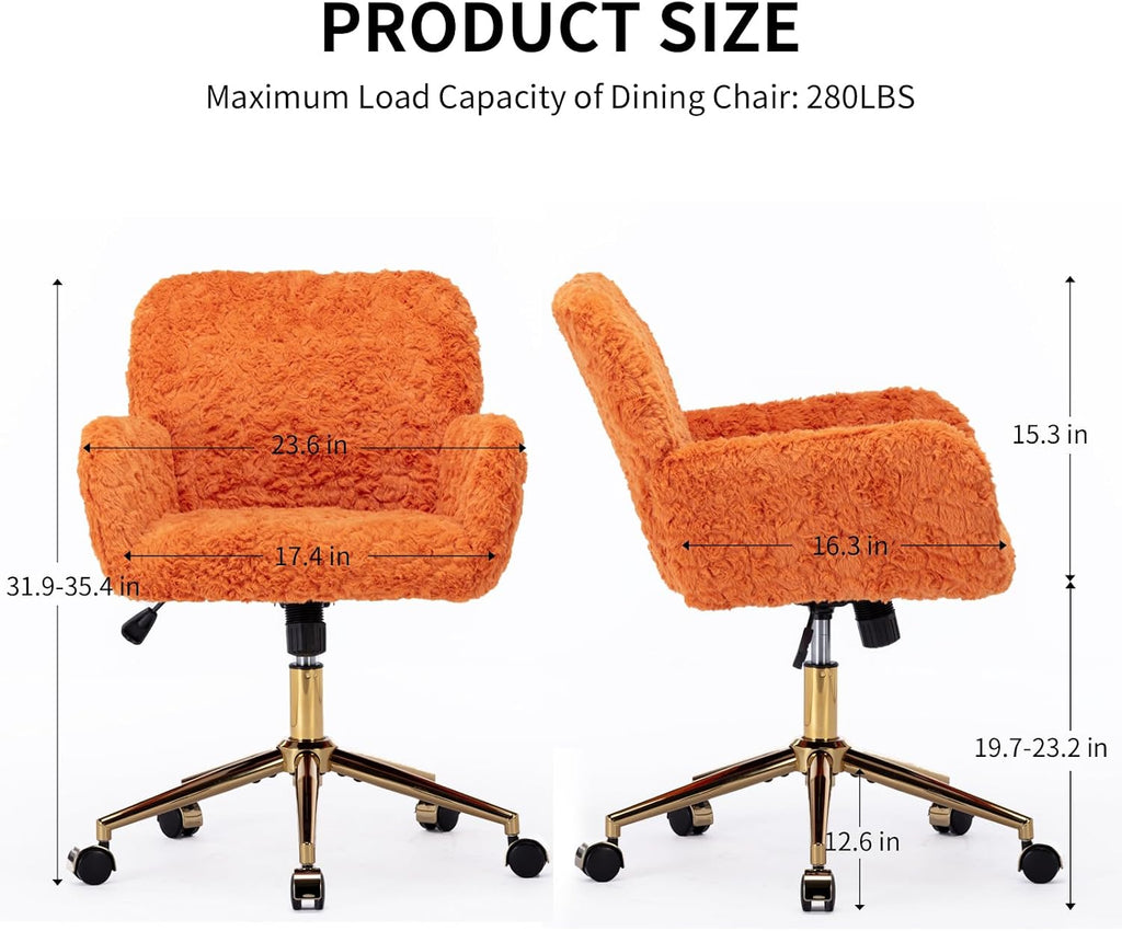Faux Fur Makeup Vanity Chair, Comfy Fuzzy Home Office Chair with Wheels & Gold Base, Upholstered Adjustable Swivel Desk Chair for Teens Girls Women Home Office, Orange