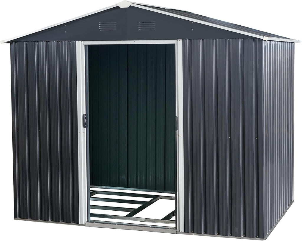 8 x 6 FT Outdoor Storage Shed, Metal Garden Shed with Floor Frame, Large Tool Shed Outdoor Storage with Lockable Sliding Doors & Air Vents, Storage House Waterproof for Backyard, Lawn, Black