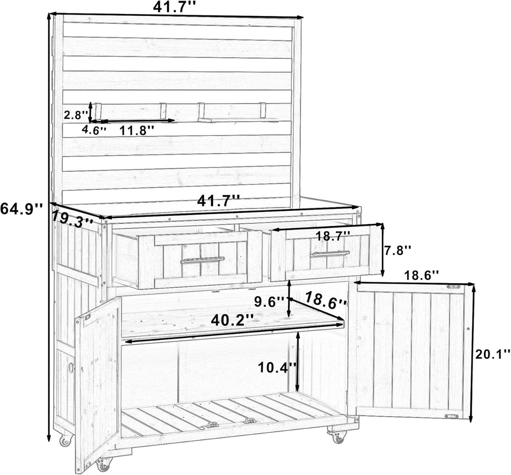 LUMISOL Garden Potting Bench Table with Stainless Table Top, 64.9'' H Solid Wood Garden Workstation with 3 Movable Shelves, Large Outdoor Kitchen Cart with 2 Drawers, for Patio Backyard, Brown