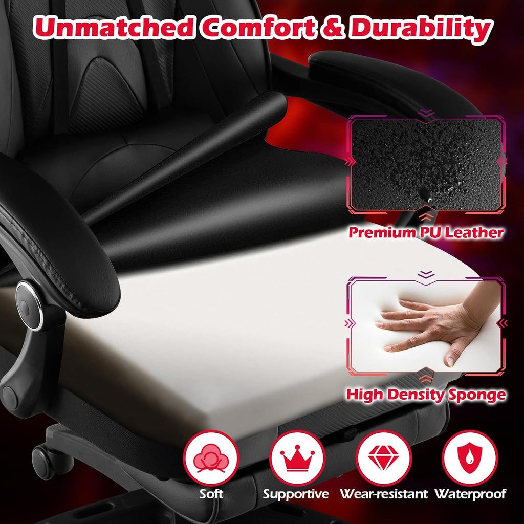 Giantex Gaming Chair with Footrest for Adults, Reclining Video Game Chair w/Lumbar Support, Racing Style Ergonomic Office Computer Chair, Height Adjustable Swivel Gamer Chair for Gaming (Black)