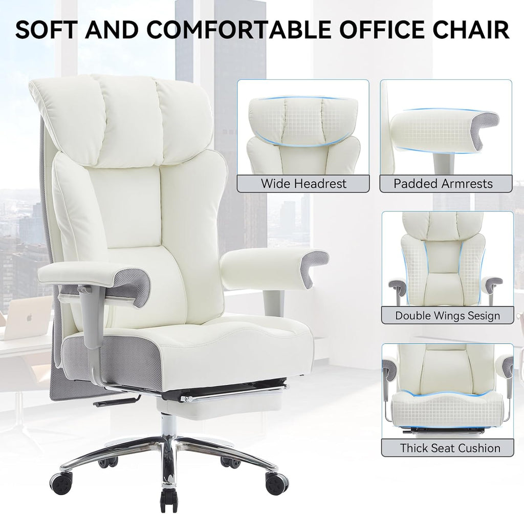Efomao Big and Tall Office Chair 400lbs - Heavy Duty Executive Desk Chair with Foot Rest & 23' Wide Seat - High Back Ergonomic Leather Computer Chair for Heavy People, Home Office, White