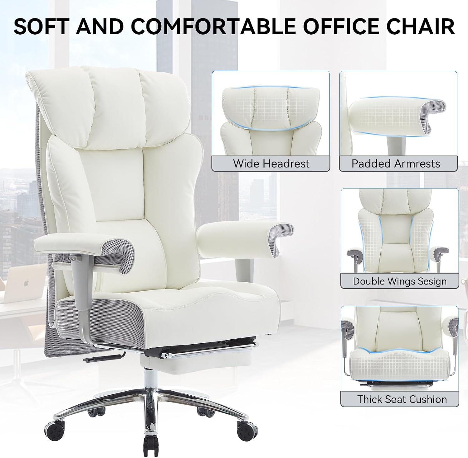 Efomao Big and Tall Office Chair 400lbs - Heavy Duty Executive Desk Chair with Foot Rest & 23' Wide Seat - High Back Ergonomic Leather Computer Chair for Heavy People, Home Office, White