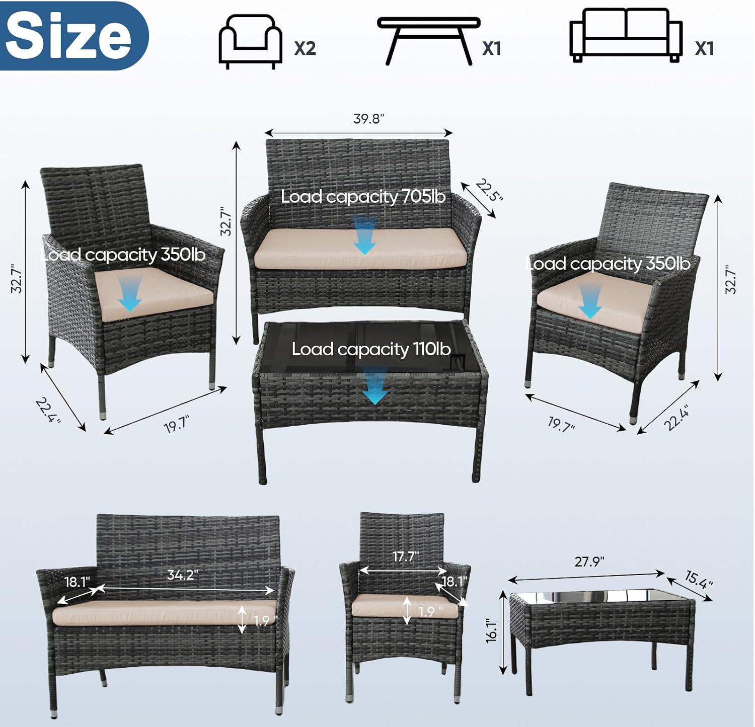 Outdoor Furniture Set of 4 Pieces with PE Waterproof Rattan Tempered Glass Table and Thick Cushions Suitable for Gardens Porches Terraces and Balconies Easy to Assemble, Grey