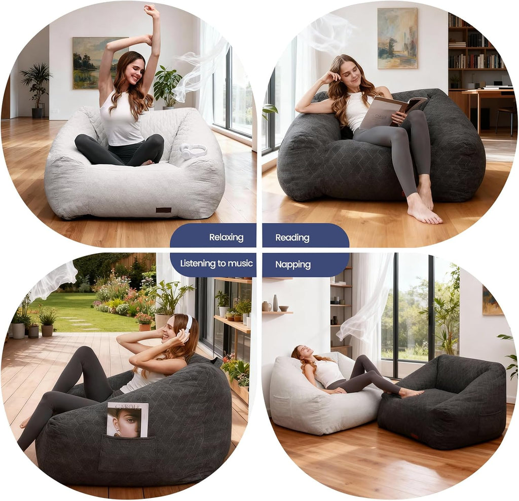 Bean Bag Chair with Memory Foam Filling- Large Stuffable Soft Giant Beanbag Reading Chair, Adults Lounge Gaming Lazy Sofa Bed for Living Room Bedroom- Beige, Quilted Linen