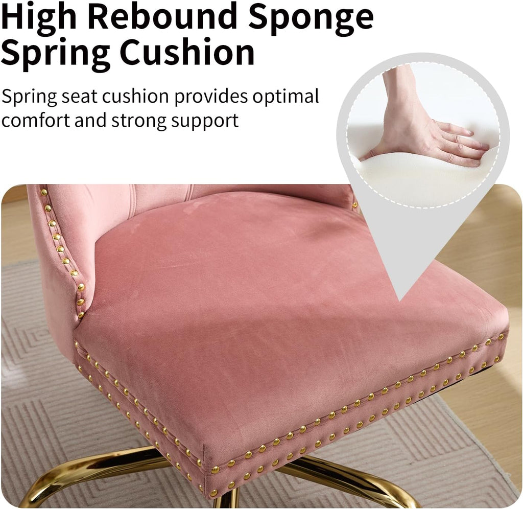 Pink Velvet Home Office Desk Chair with Wheels & Gold Base, Comfy Makeup Vanity Chair with Tufted Back for Women Girls, Upholstered Adjustable Swivel Armless Office Chair for Bedroom, Pink