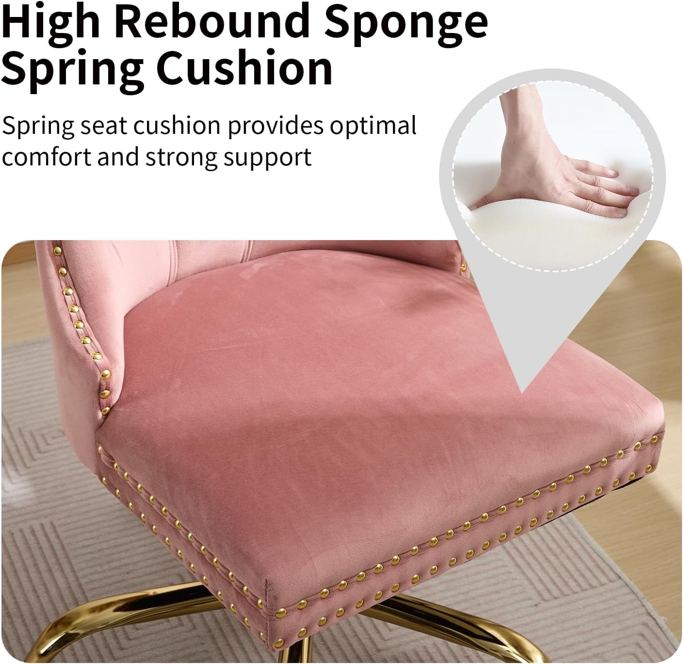 Pink Velvet Home Office Desk Chair with Wheels & Gold Base, Comfy Makeup Vanity Chair with Tufted Back for Women Girls, Upholstered Adjustable Swivel Armless Office Chair for Bedroom, Pink