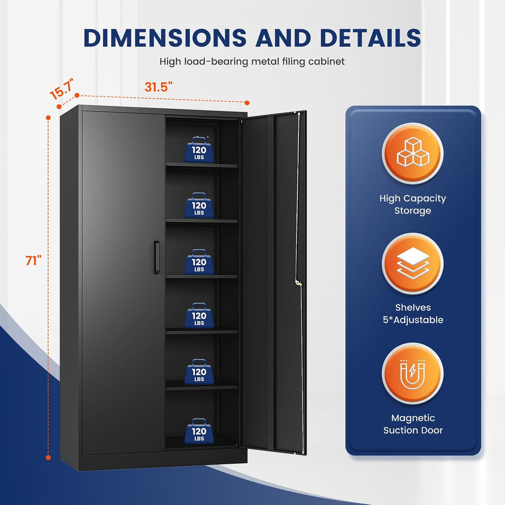 Yizosh Metal Garage Storage Cabinet with 2 Doors and 5 Adjustable Shelves - 71' Steel Lockable File Cabinet,Locking Tool Cabinets for Office,Home,Garage,Gym,School (Black)