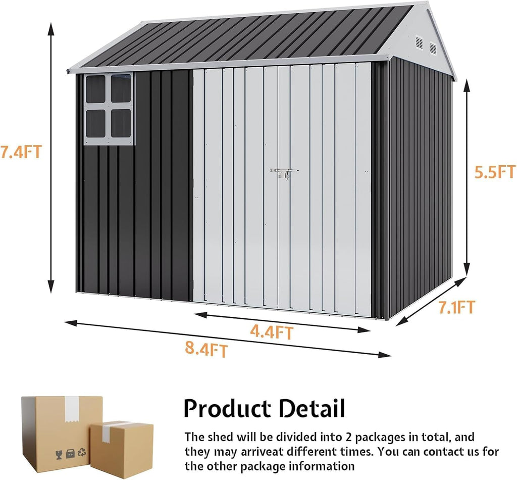 Jocisland 8.5x7.1x7.5 FT Outdoor Storage Shed, Lockable Double Hinged Doors and 4 Vents, Metal Shed for Backyard Storage, Dark Black/White