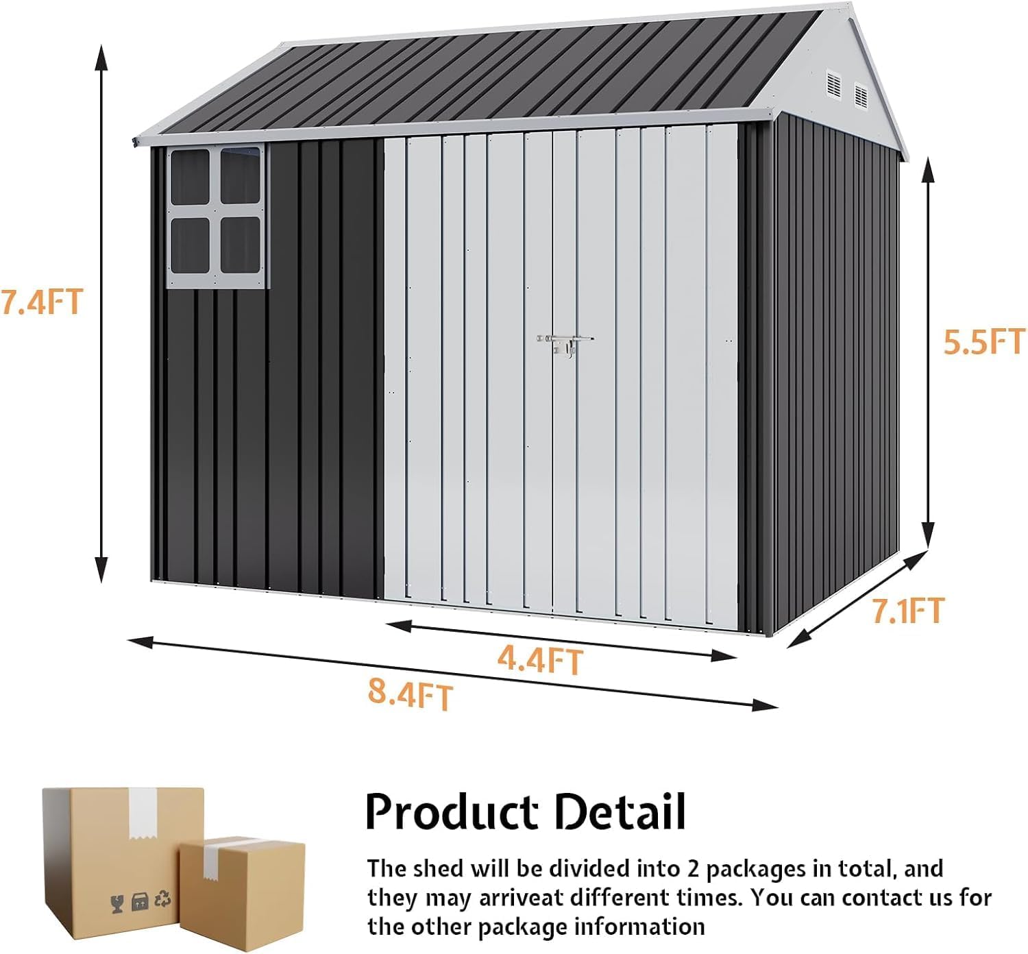 Jocisland 8.5x7.1x7.5 FT Outdoor Storage Shed, Lockable Double Hinged Doors and 4 Vents, Metal Shed for Backyard Storage, Dark Black/White