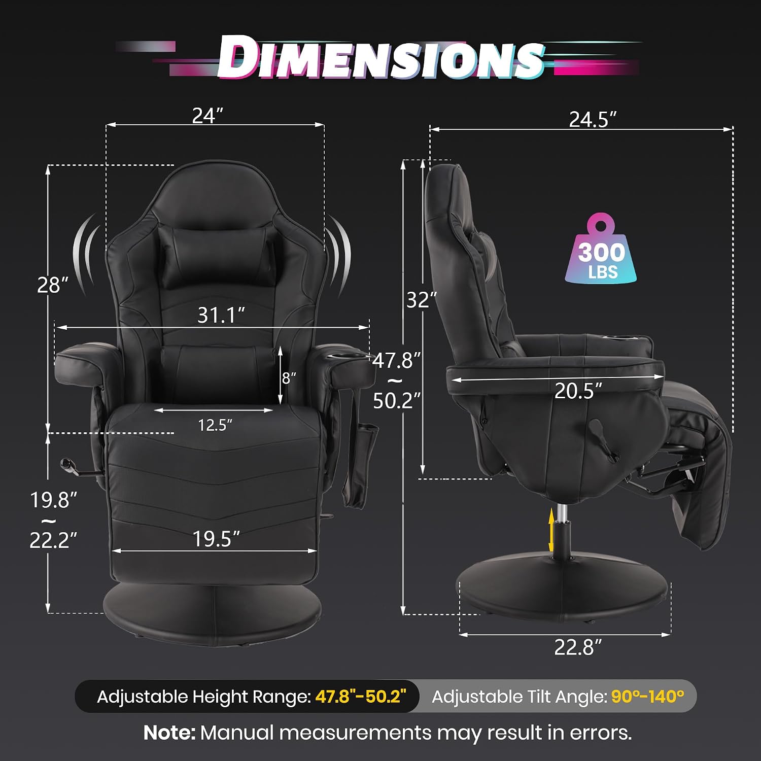 Game Reclining Chair with Adjustable Height, PU Gaming Chair with Massage, Long Footrest and Lumbar Support, High Back Swivel Computer Game Chair for Adult(Black)