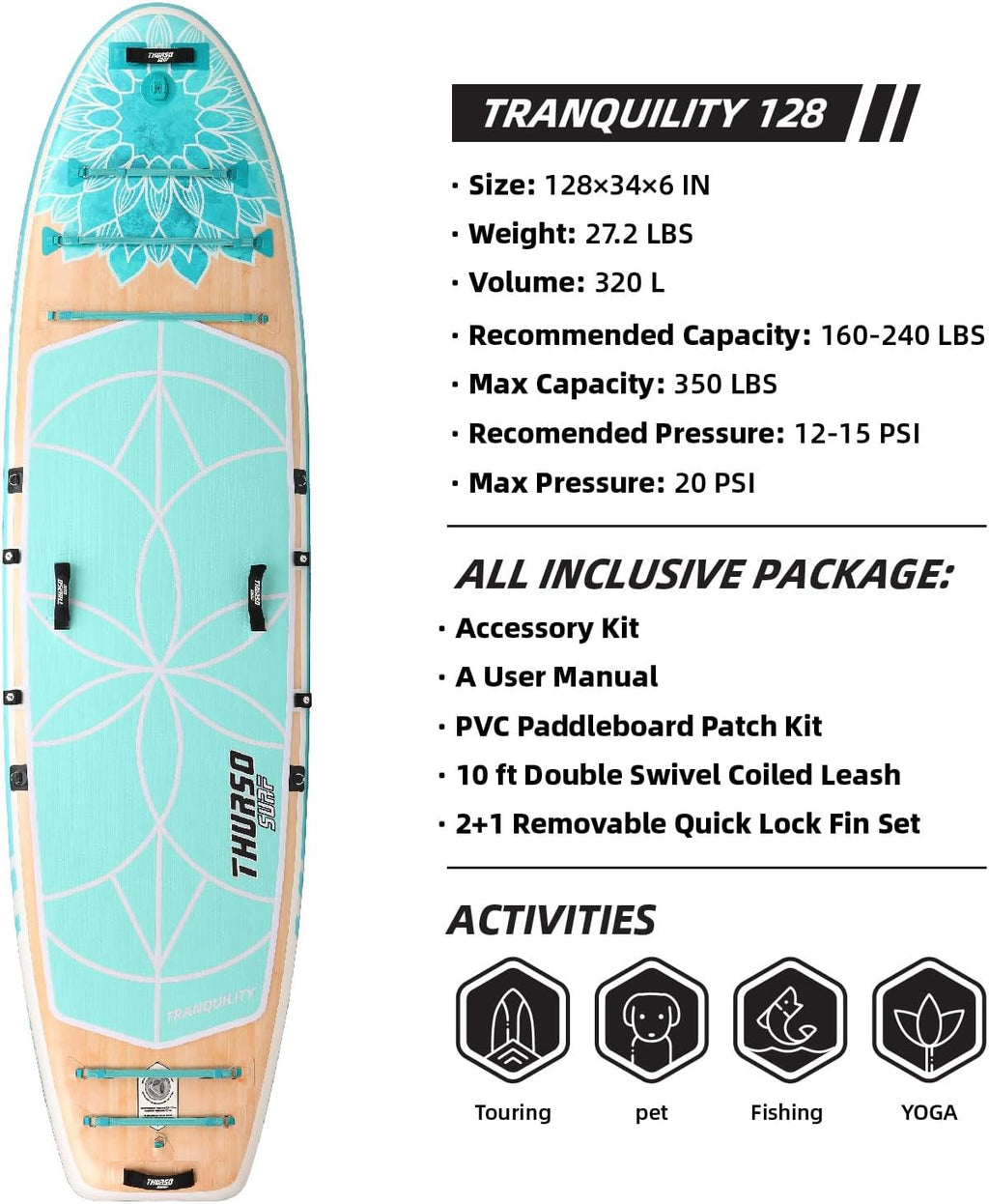 THURSO SURF Tranquility 10 ft 8 Yoga Paddle Board Inflatable Stand Up Paddleboard Yoga/Pilates/Fitness SUP Board | Woven Drop-Stitch | Fusion PVC | Welded Rail | Lightweight & Rigid
