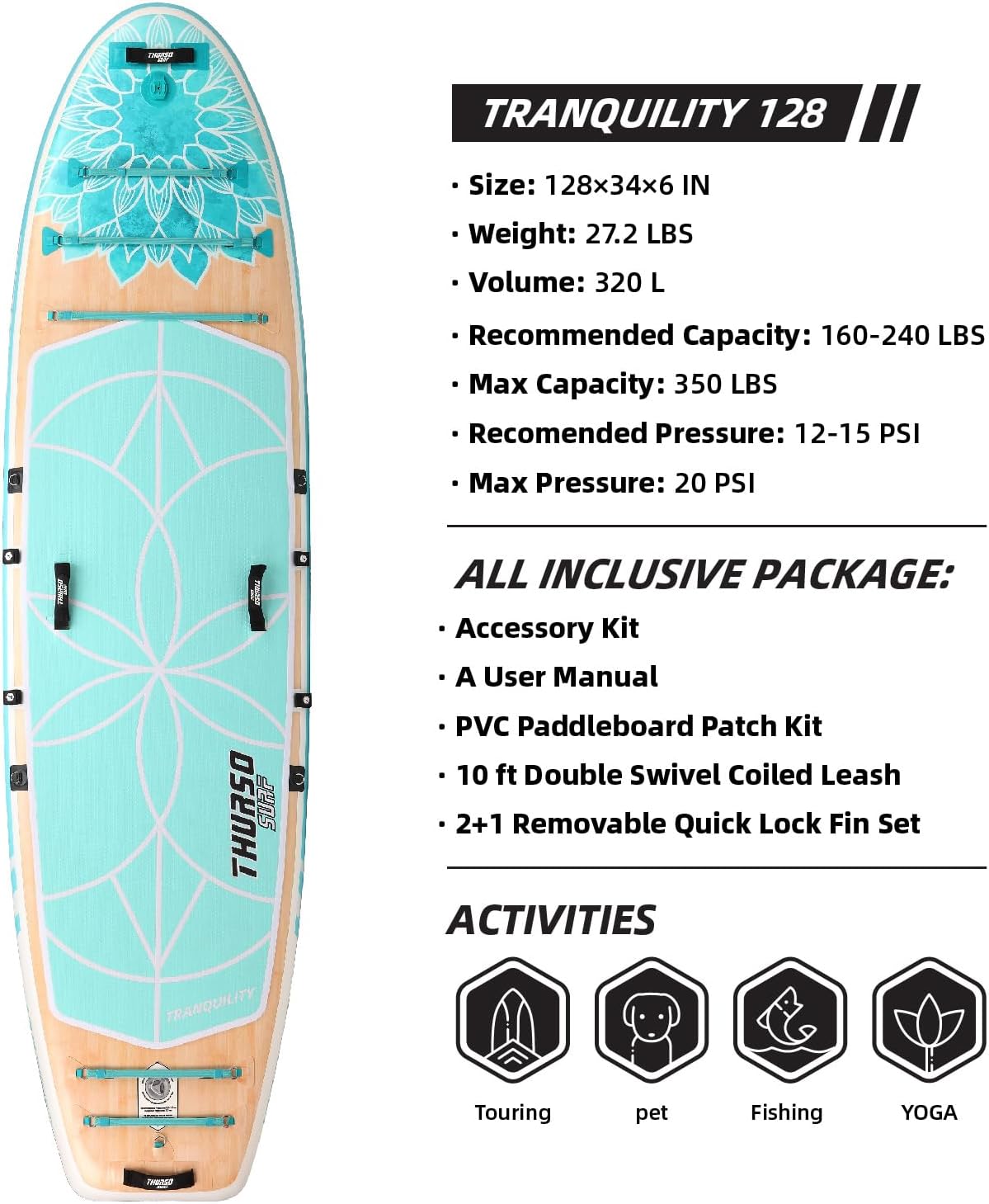 THURSO SURF Tranquility 10 ft 8 Yoga Paddle Board Inflatable Stand Up Paddleboard Yoga/Pilates/Fitness SUP Board | Woven Drop-Stitch | Fusion PVC | Welded Rail | Lightweight & Rigid