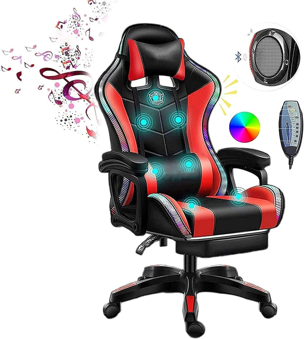 Massage Gaming Chairs for Heavy People Adults, Gaming Chair with RGB LED Lights and Dual Speakers,Ergonomic Reclining Office Desk Computer Chair with Footrest and Lumbar Support,Red