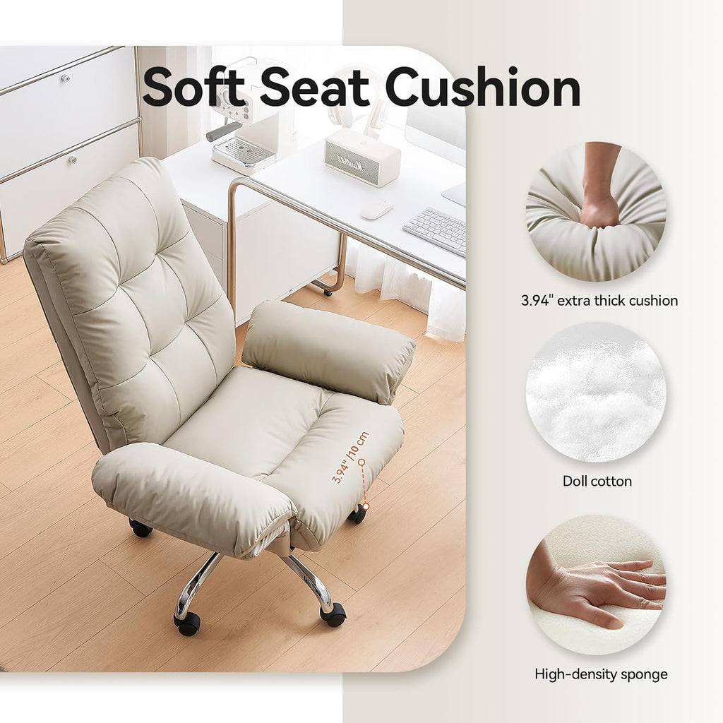 EMIAH Office Chair with Foot Rest Criss Cross Chair with Wheels and Flip-up Arms Reclining Desk Chair Comfy Wide Seat PU Leather Rolling Computer Home Office Chair (Beige)