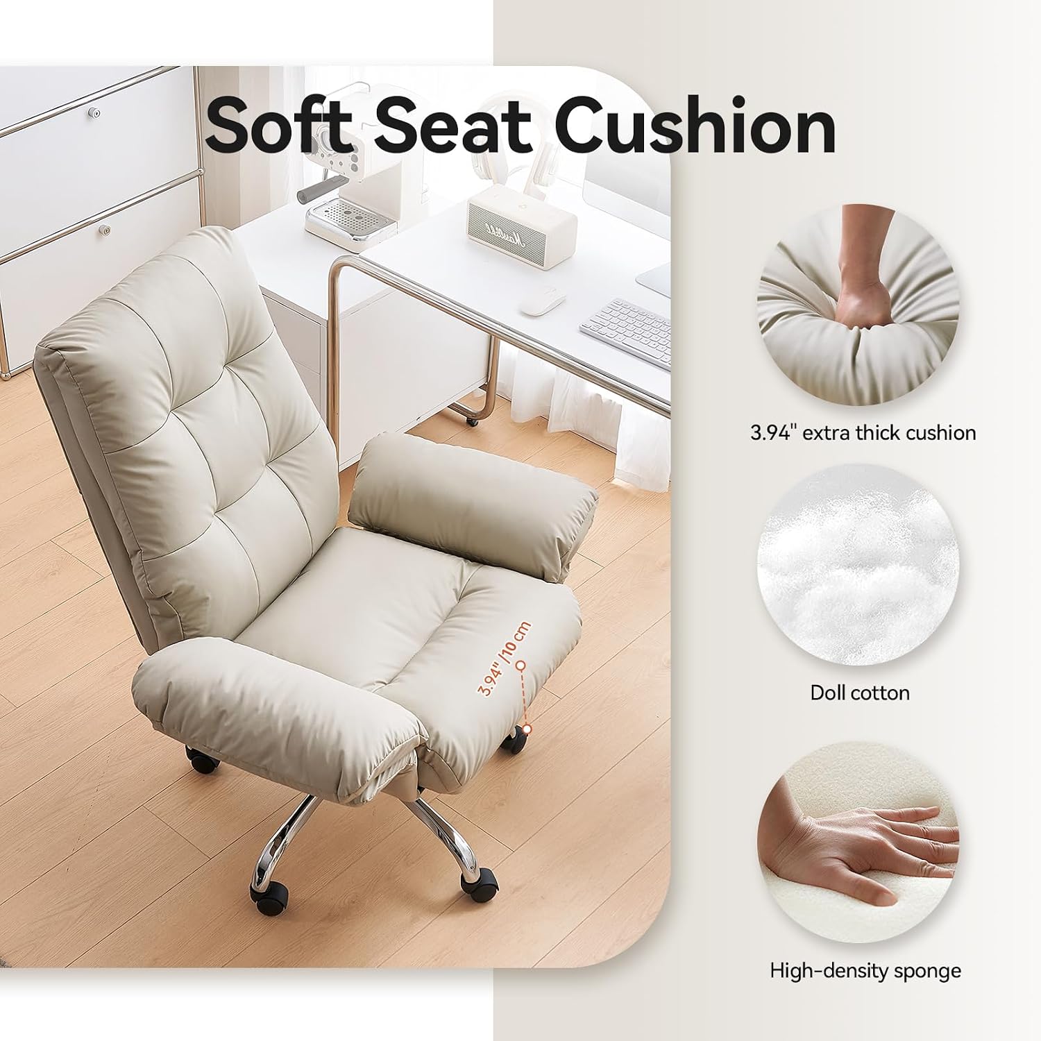 EMIAH Office Chair with Foot Rest Criss Cross Chair with Wheels and Flip-up Arms Reclining Desk Chair Comfy Wide Seat PU Leather Rolling Computer Home Office Chair (Beige)