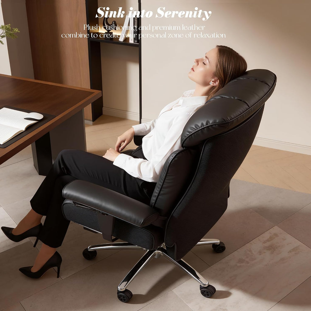 Efomao Big and Tall Office Chair 400 lbs Capacity, Oversized Executive Desk Chair with Footrest, Extra Wide 23' Seat, High Back Ergonomic PU Leather Home Office Chair， Black