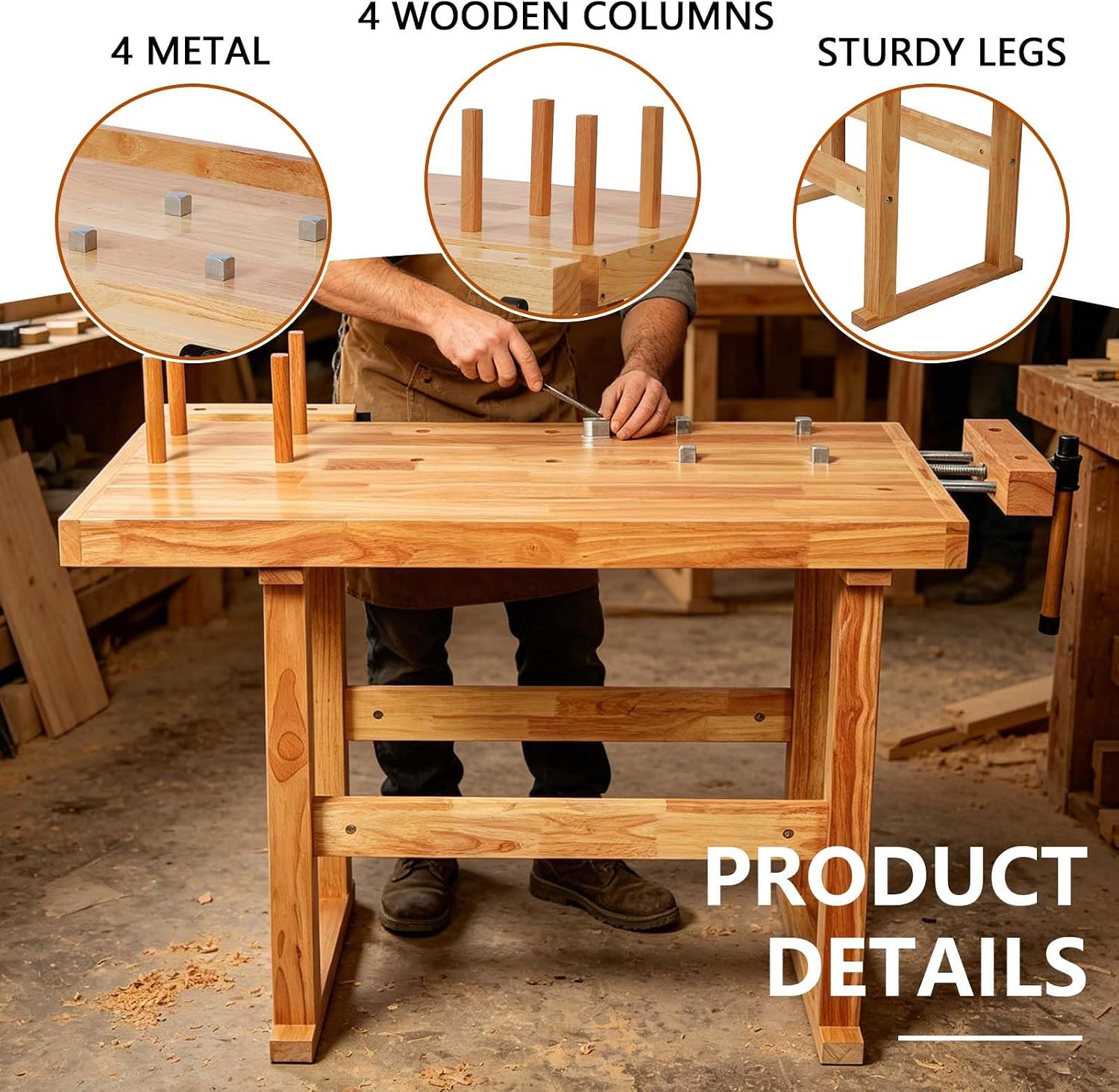 40' Rubber Wood Workbench, Heavy Duty Work Bench with Adjustable Handle, Work Bench Table for Garage, Workshop, Home Storage, Woodworking Bench, 330 lbs Weight Capacity (40')