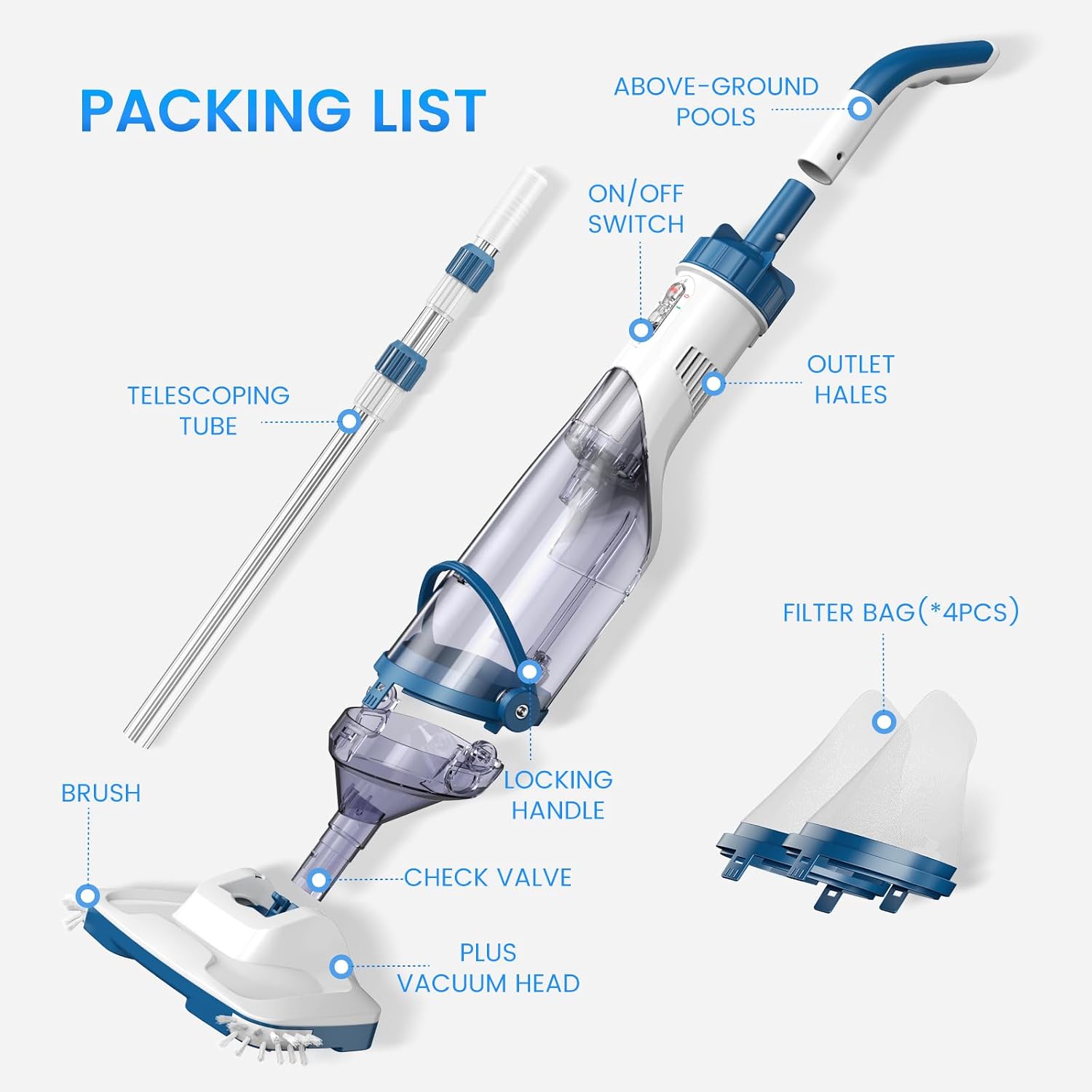 ENHULK Pool Vacuum for Above Ground Pool, Upgraded 13.4' Wide Head & Telescopic Pole, 18.5 GPM Powerful Suction, 60 Mins Runtime, Cordless Handheld Rechargeable Pool Cleaner for Inground Pools, PC15