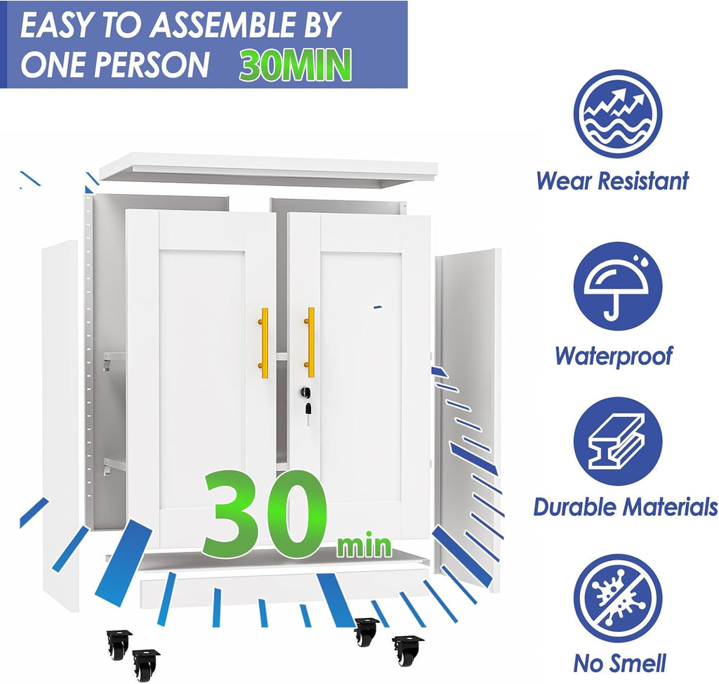 35.4' Metal Garage Storage Cabinet with Wheels and Locking Doors and Tall Rolling Steel Tool Cabinet with 2 Adjustable Shelves for Garage,Home,Office,Shop (White, 35.4''H x 27.6''W x13.8''D)