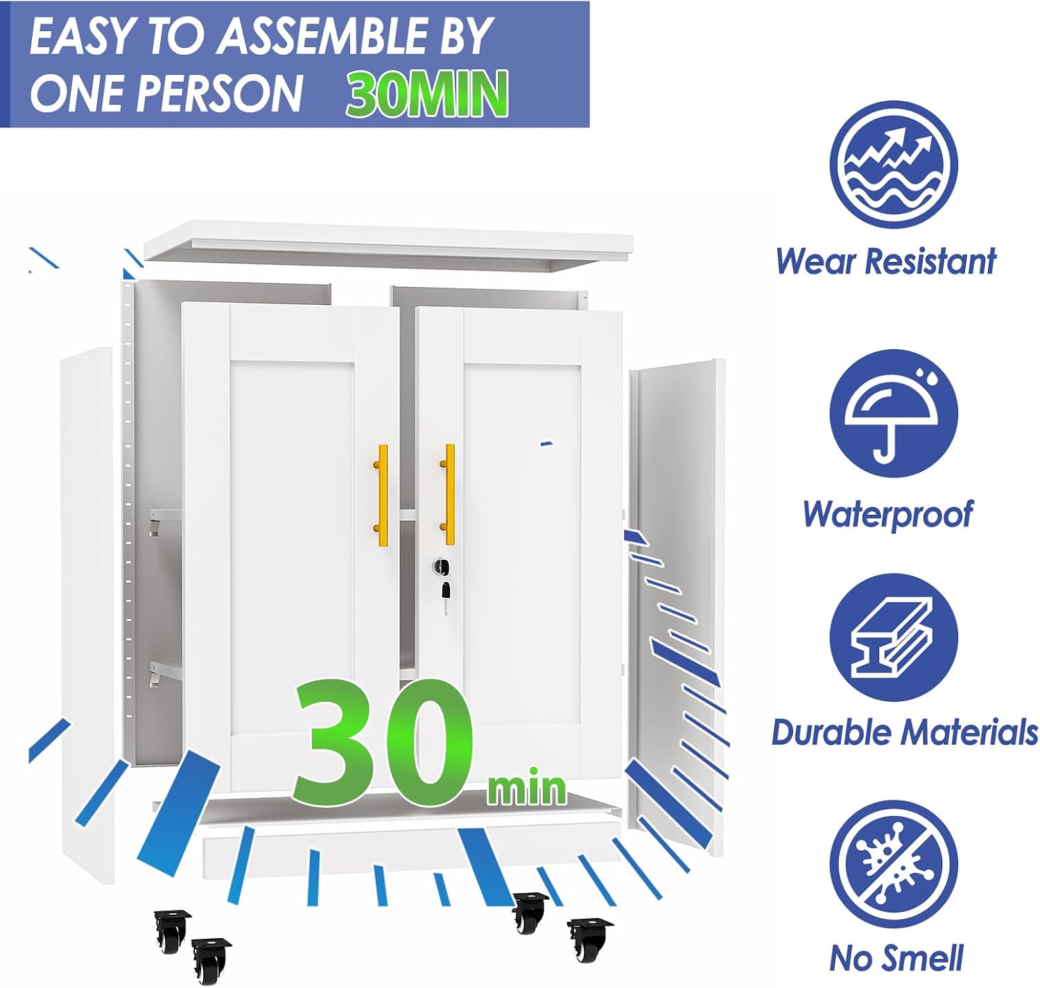 35.4' Metal Garage Storage Cabinet with Wheels and Locking Doors and Tall Rolling Steel Tool Cabinet with 2 Adjustable Shelves for Garage,Home,Office,Shop (White, 35.4''H x 27.6''W x13.8''D)