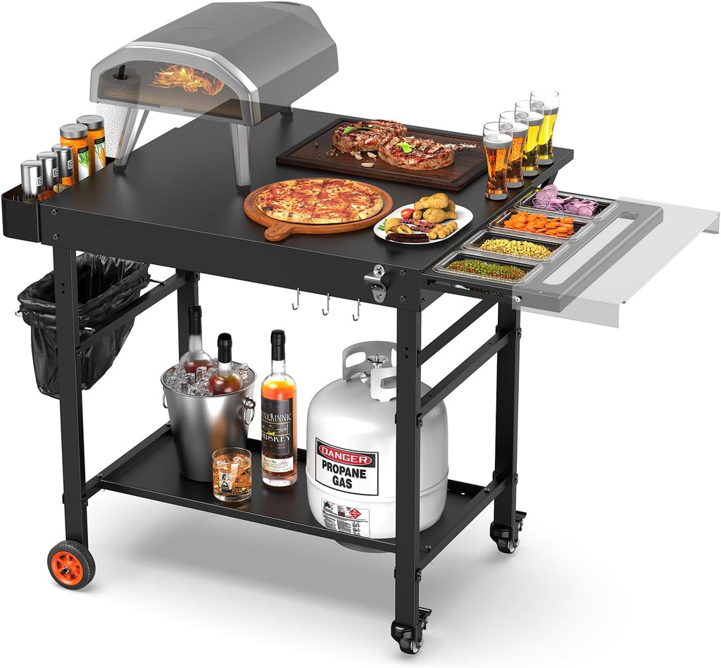 Grill Table for Pizza Ovens, Ninja Pizza Oven Table with Extendable Desk, Durable Outdoor Grill Cart Stand with Food Prep Topping Station for Patio, Backyard,43' L × 27' W