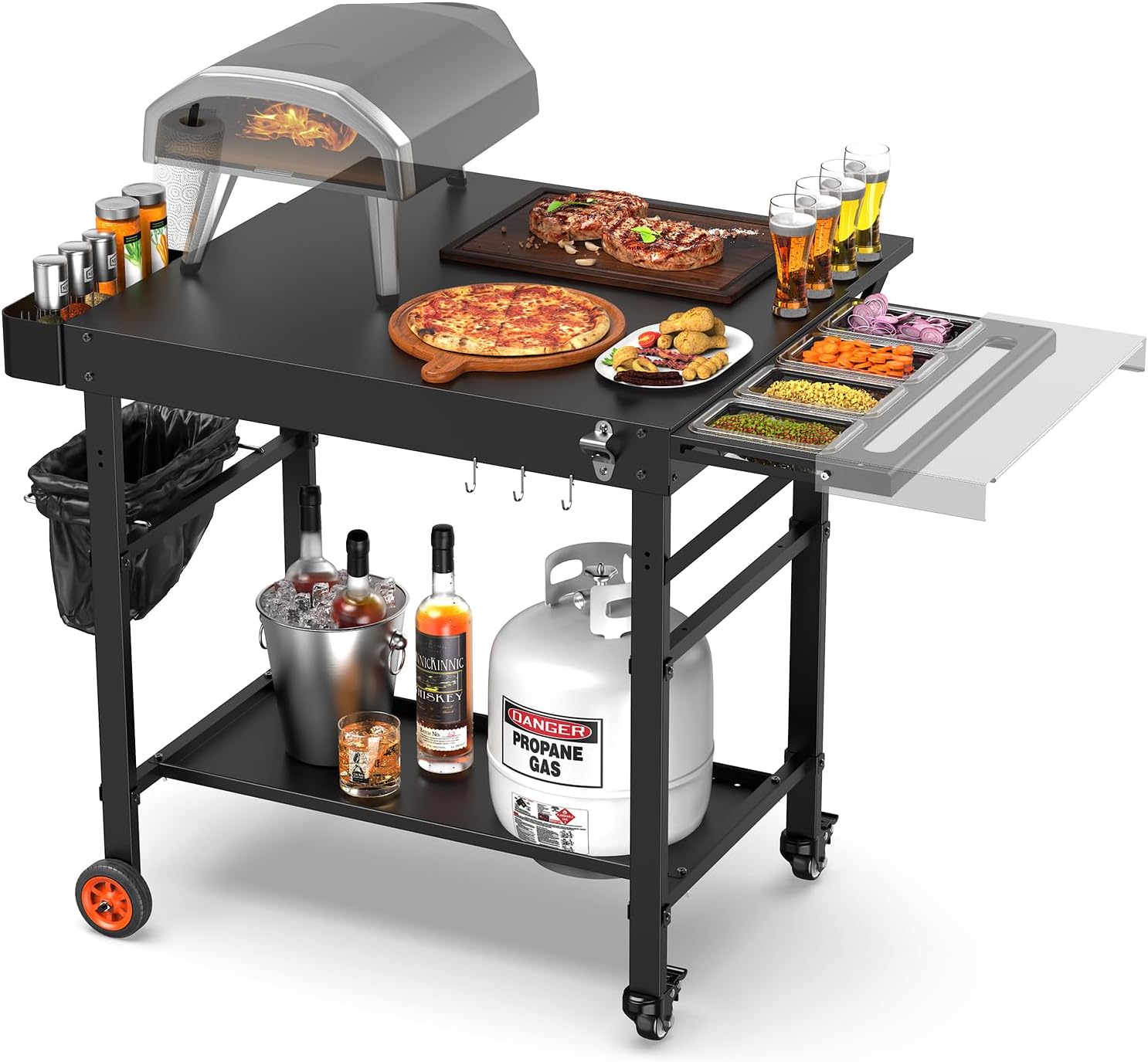 Grill Table for Pizza Ovens, Ninja Pizza Oven Table with Extendable Desk, Durable Outdoor Grill Cart Stand with Food Prep Topping Station for Patio, Backyard,43' L × 27' W