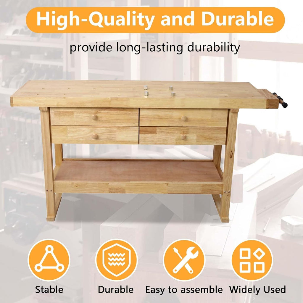 60' Rubber Wood Workbench, Heavy Duty Work Bench with Drawer & Shelf, Work Bench Table for Garage, Workshop, Home Storage, Woodworking Bench, 330 lbs Weight Capacity (60')