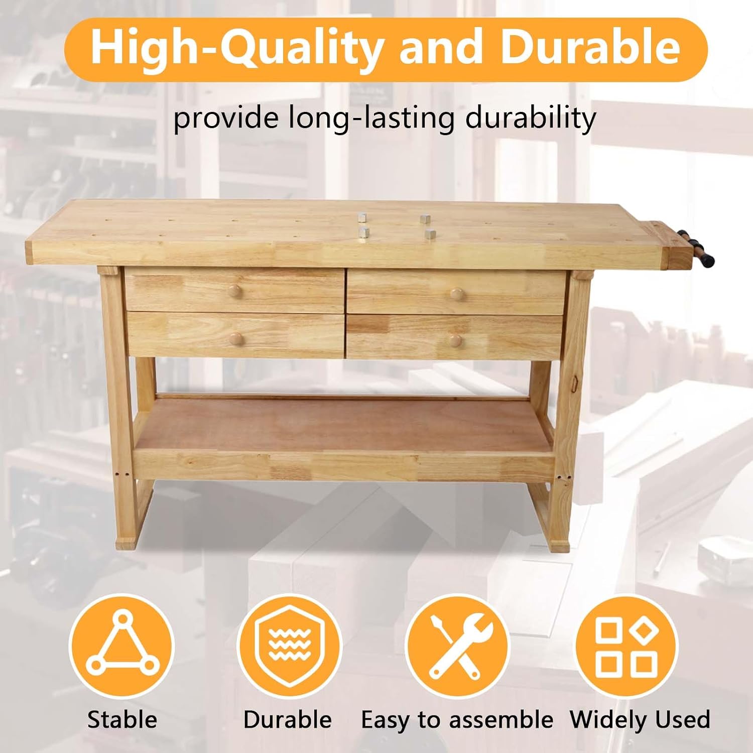 60' Rubber Wood Workbench, Heavy Duty Work Bench with Drawer & Shelf, Work Bench Table for Garage, Workshop, Home Storage, Woodworking Bench, 330 lbs Weight Capacity (60')