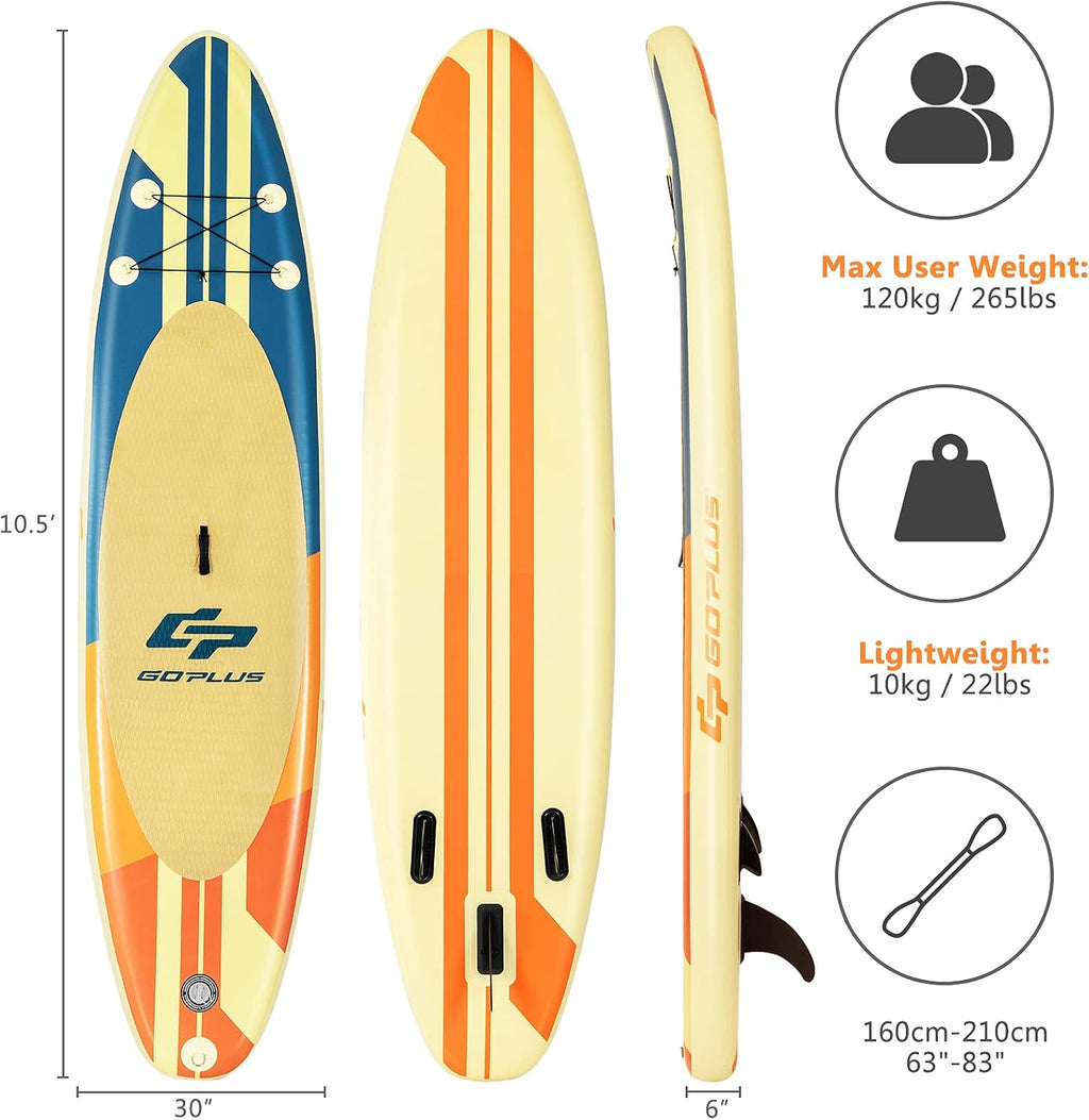 Goplus Inflatable Stand up Paddle Board, 10'/10.5'/11' SUP 6' Thick with Premium Accessories, Adjustable Aluminum Paddle, Leash, Carry Bag, Hand Pump, Removable Fin, ISUP for Adults
