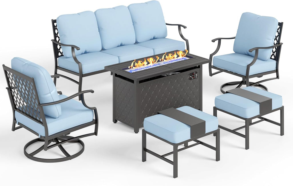 MIXPATIO Patio Furniture Set, 6 Pcs Metal Outdoor Conversation Set, 2 Swivel Chairs, 2 Ottomans and 3 Seater Sofa with 5.75' Extra Thick Cushion and Gas Fire Pit Table, Blue