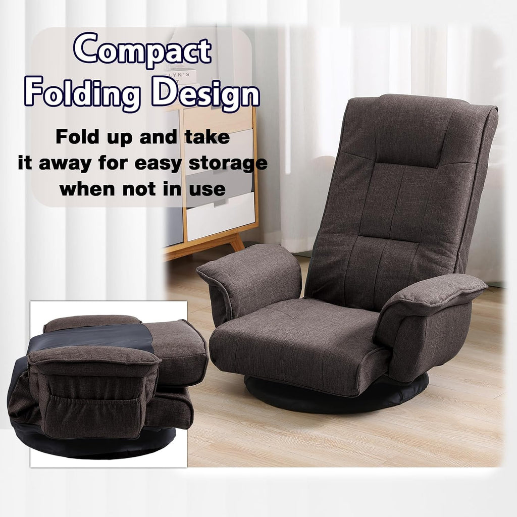 360 Degree Swivel Floor Chairs for Adults, Gaming Floor Chair with Back Support, 14 Angles Adjustable Comfortable Floor Lounge Chair Folding Video Game Chairs Office Bedroom 201 (Brown)