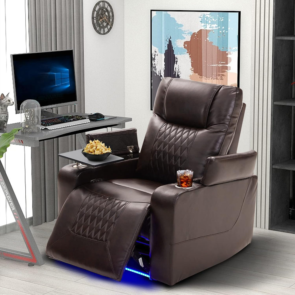 Merax Electric Recliner Chair with USB Charge Port, 360 Swivel Tray Table, Hand in-Arm Storage, and Cup Holders, Ambient Lighting - Ambient Lighting Gaming Recliner Chair Home Theater Seating (Brown)