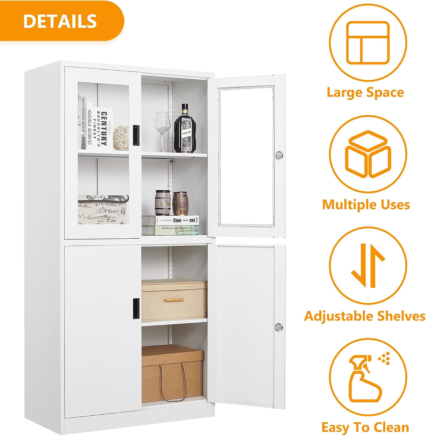 STANI Metal Storage Cabinet, Locking Steel Cabinet with Shelves, Tall Metal Utility 2 Doors, Lockable Steel Cabinets for Home Office (4 Doors, White)