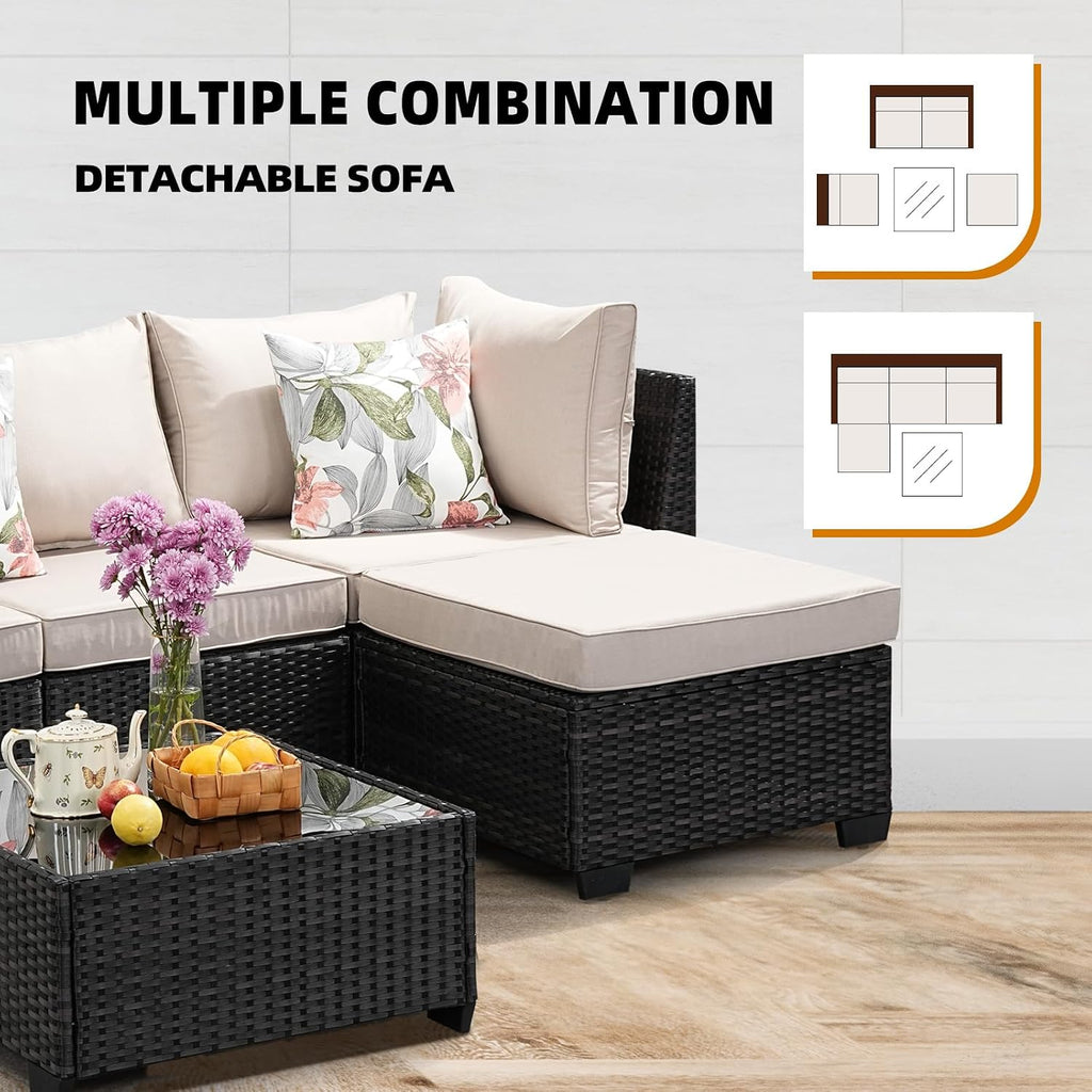 5-Piece Outdoor Patio Furniture Set, Modular Wicker Sectional Sofa with Thick Cushions & Coffee Table, All-Weather Rattan Conversation Set for Backyard, Porch, Poolside, Beige