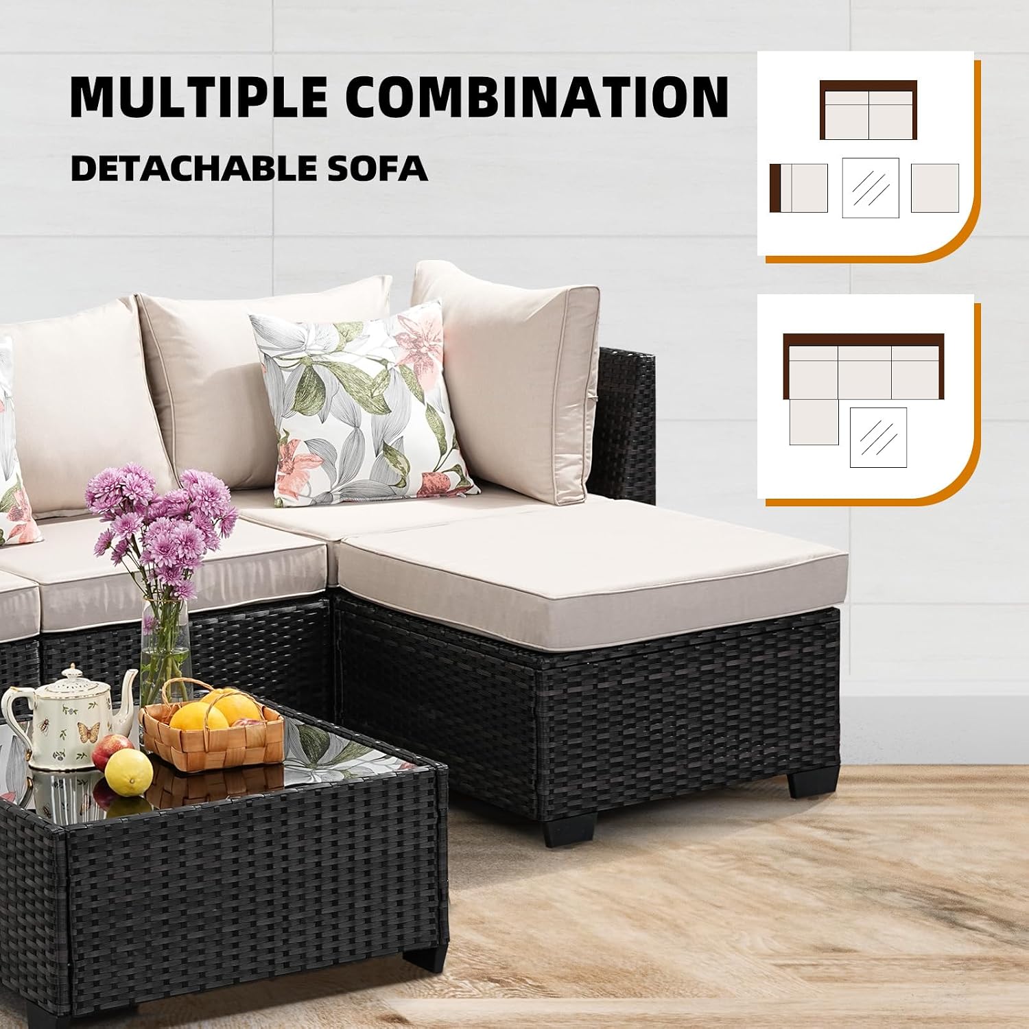 5-Piece Outdoor Patio Furniture Set, Modular Wicker Sectional Sofa with Thick Cushions & Coffee Table, All-Weather Rattan Conversation Set for Backyard, Porch, Poolside, Beige