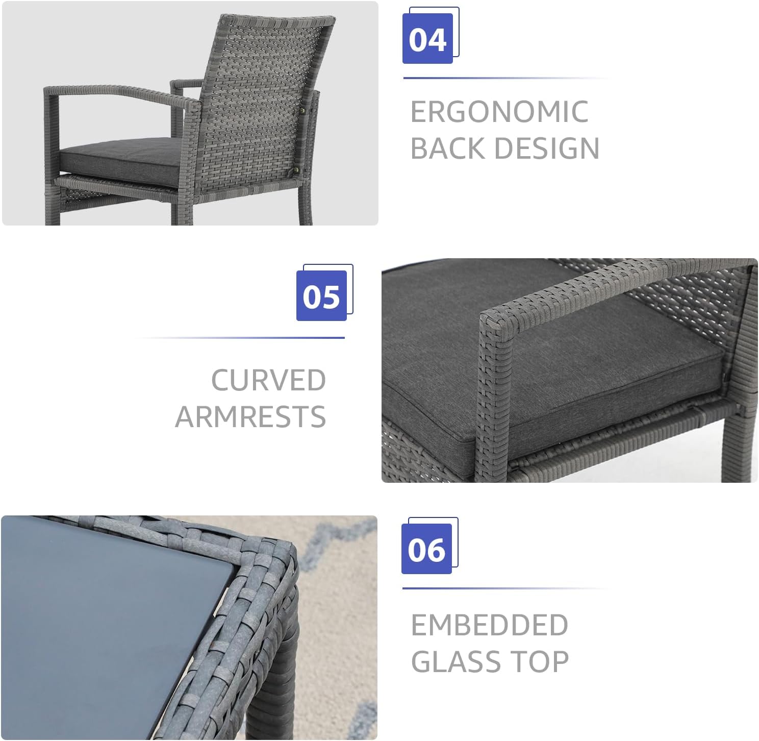 Patiorama 5 Piece Outdoor Patio Wicker Furniture Set, All Weather Grey PE Rattan Chair and Ottoman Footstool Set, W/Coffee Table, Cushions (Dark Grey) for Garden, Balcony, Porch, Space Saving Design