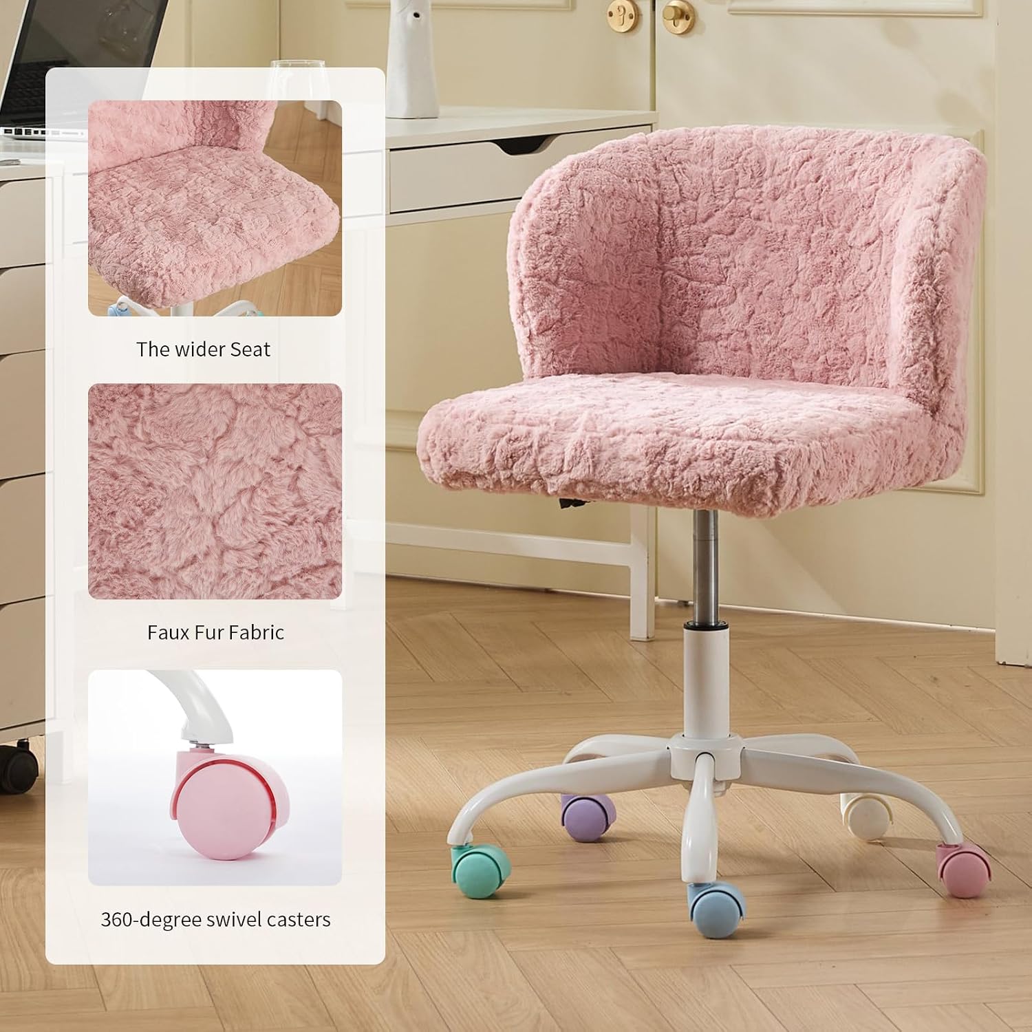 Shenyon Pink Faux Fur Vanity Chair, Adjustable Swivel Home Office Chair with Colorful Wheels and Metal Base, Cute Makeup Chair for Women, Teens & Girls(Pink)