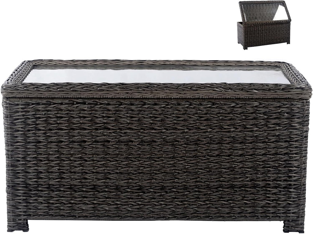 Classic Wicker Patio Coffee Table with Storage, 40'' All-Weather Rattan Outdoor Coffee Tables, Tempered Glass Flip-Top, Waterproof for Porch Backyard, Dark Brown