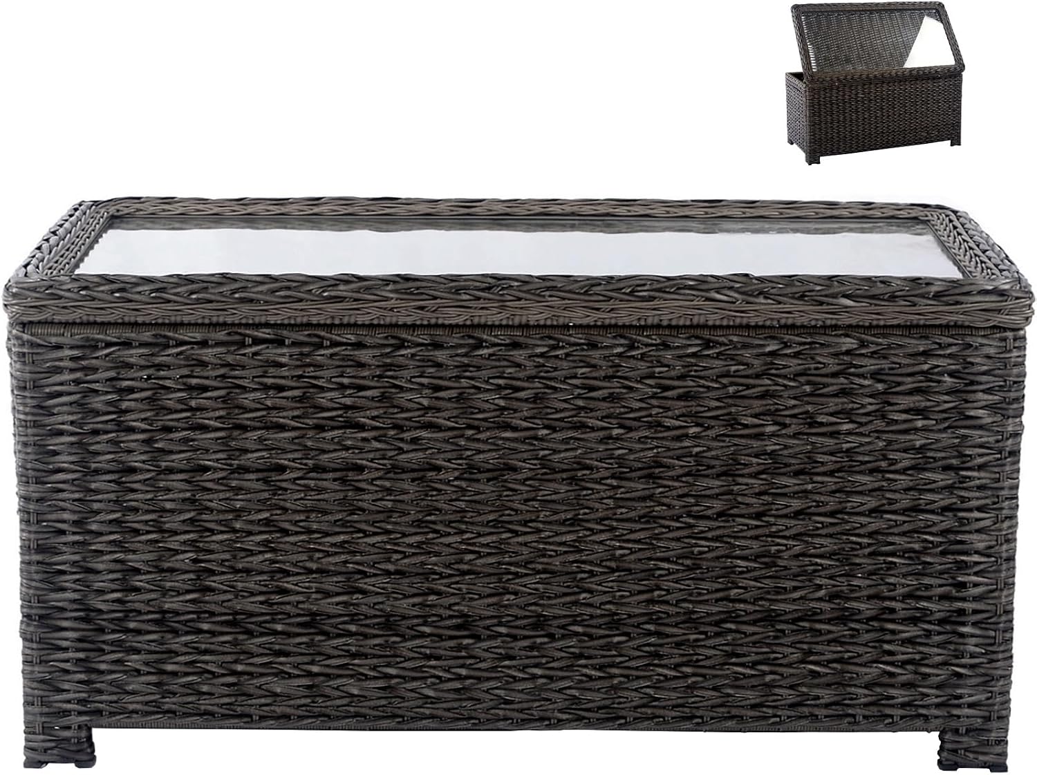 Classic Wicker Patio Coffee Table with Storage, 40'' All-Weather Rattan Outdoor Coffee Tables, Tempered Glass Flip-Top, Waterproof for Porch Backyard, Dark Brown