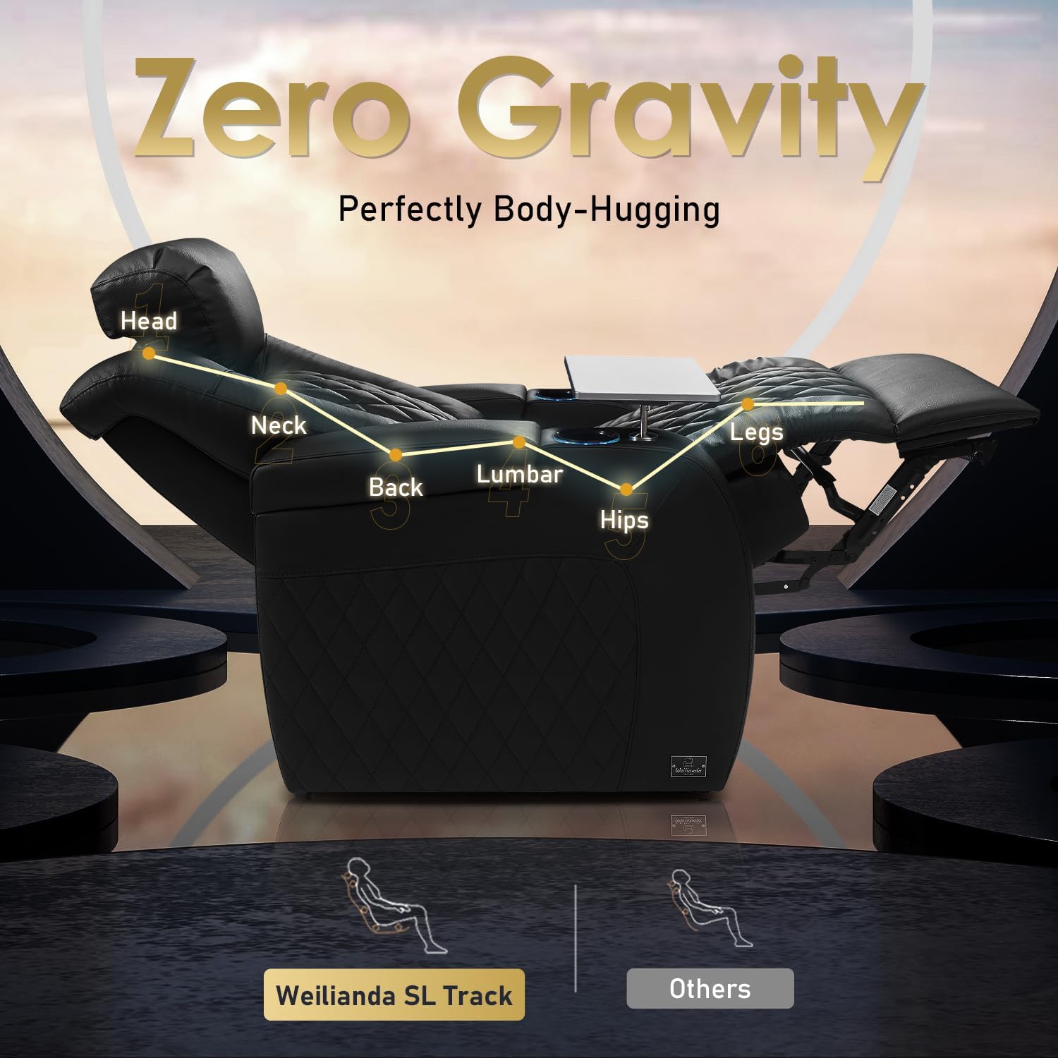 Weilianda Home Theater Seating Top Grain Leather Zero Gravity Recliner Chair Power Headrest Recline Movie Seat Gaming 7 Colors Mood Light Sofa with Tray Table USB Charge Row of 3 Loveseat Right Black