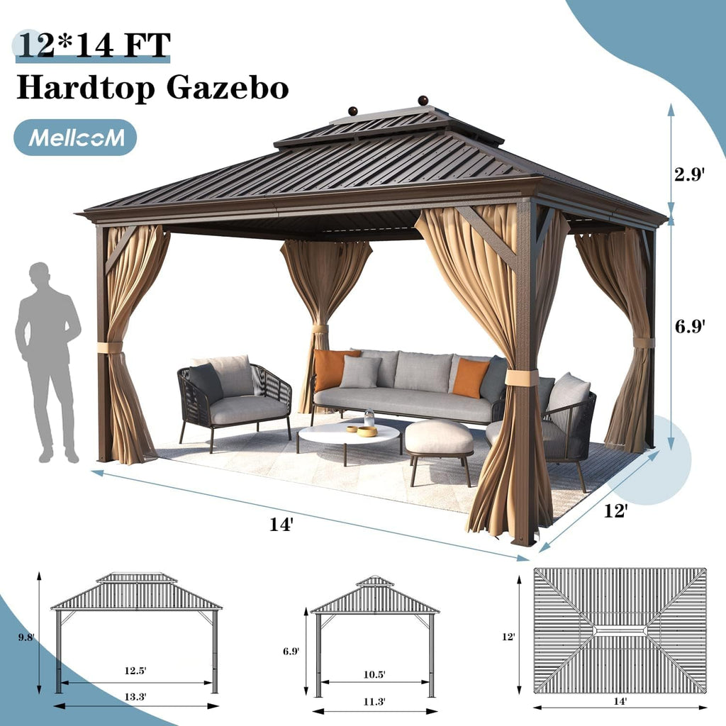 MELLCOM 12' x 14' Hardtop Gazebo, Brown Permanent Pavilion Gazebo with Curtains and Netting, Galvanized Steel Metal Double Roof Aluminum Gazebos with Aluminum Frame for Patio, Lawn & Garden